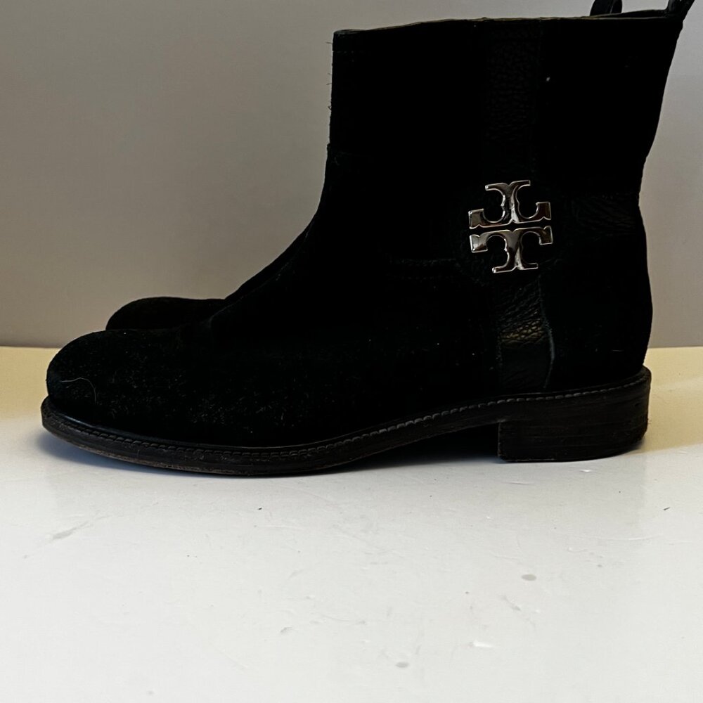 Tory Burch Black Suede Ankle Boots with Silver Logo